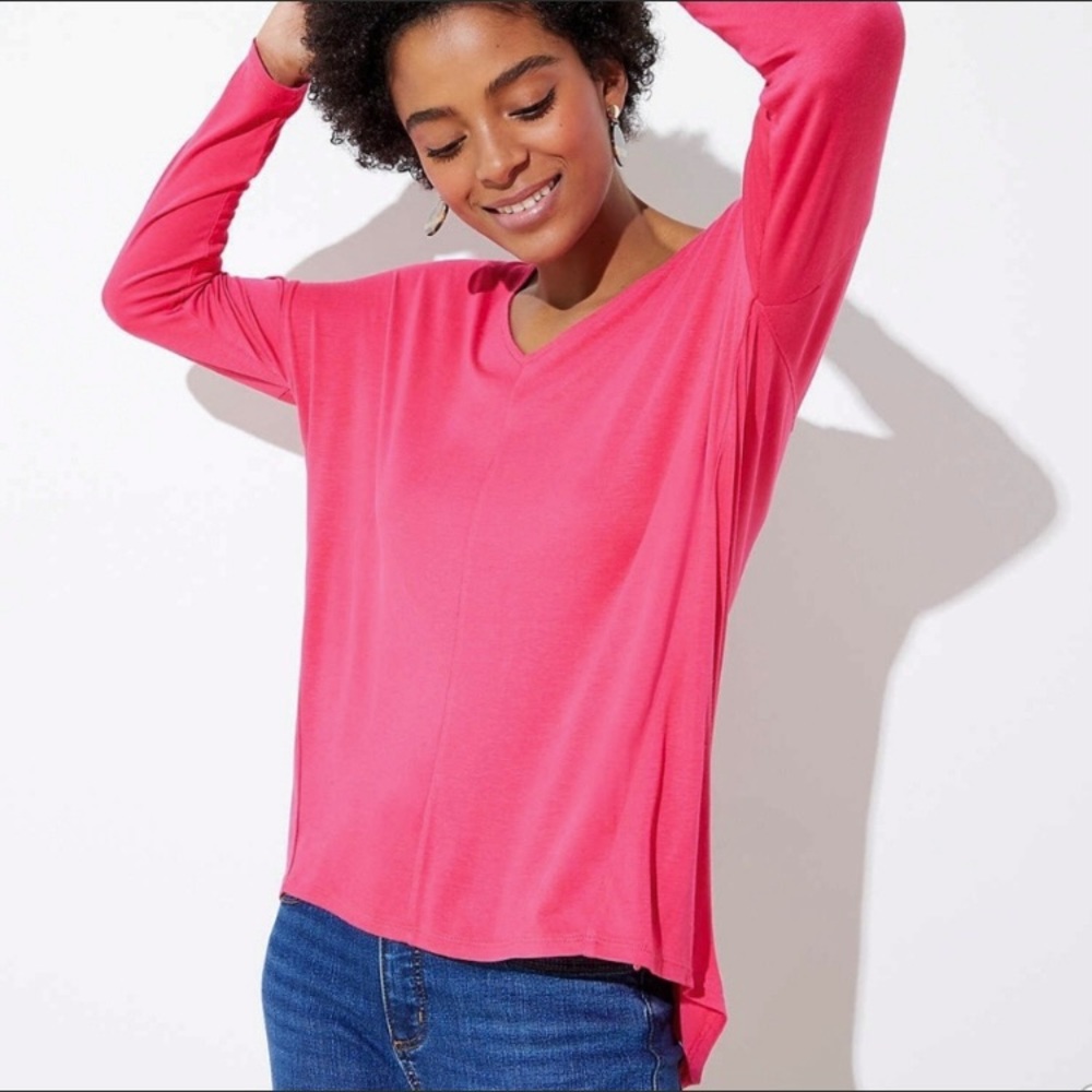 LOFT Dolman Tee, long drop sleeve, pink v-neck, SP small petite, relaxed tunic
